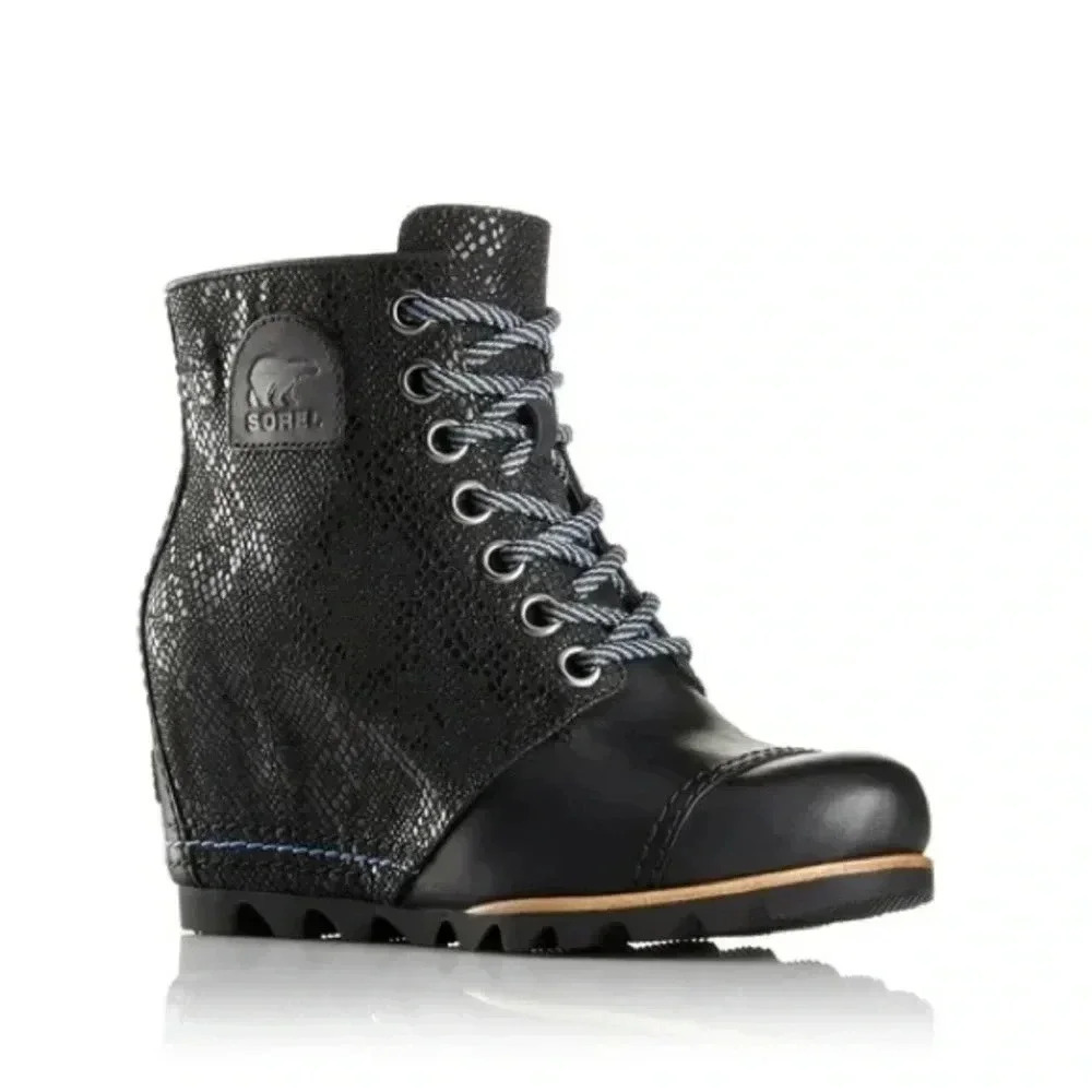 Sorel 1964 Premium Waterproof Snake Print Black Laced Wedge Boots